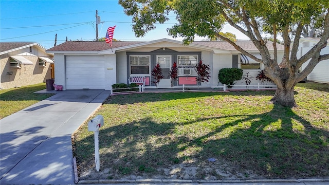 ranch-style home featuring covered porch, a garage, cooling unit, driveway, and a front lawn