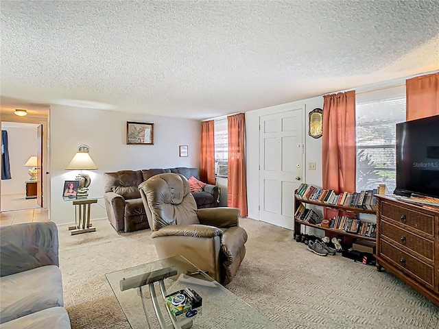 carpeted living room with a textured ceiling