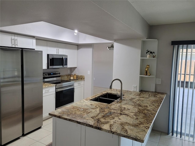 kitchen with open shelves, stainless steel appliances, white cabinetry, a sink, and a peninsula