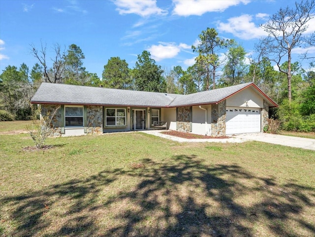 ranch-style house featuring a garage, stone siding, driveway, and a front lawn