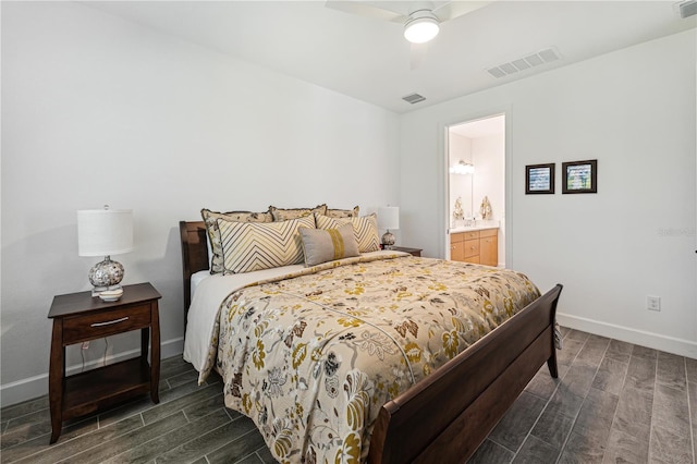 bedroom with wood tiled floor, visible vents, ceiling fan, and baseboards