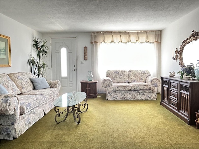 carpeted living area with a textured ceiling