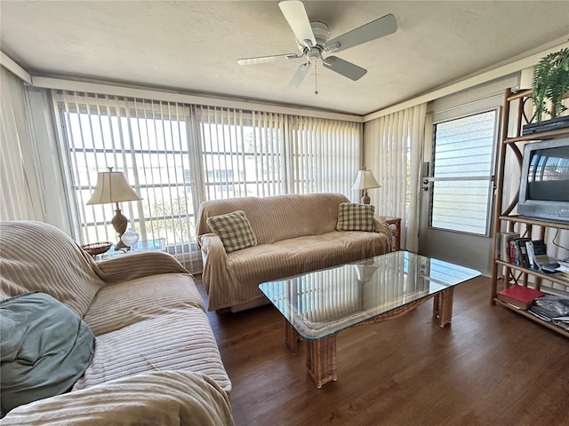 living room featuring wood finished floors and a ceiling fan