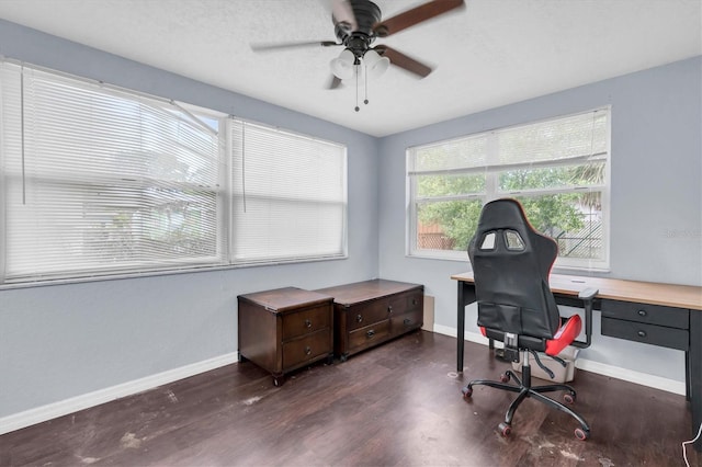 office area with ceiling fan, baseboards, a textured ceiling, and wood finished floors