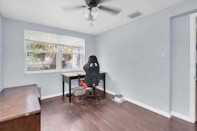 office space with ceiling fan, visible vents, baseboards, and wood finished floors