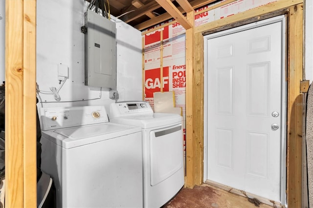 laundry room with laundry area, electric panel, and independent washer and dryer