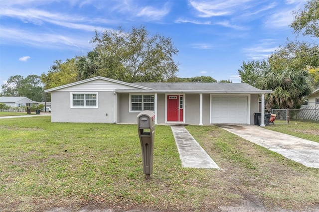 ranch-style home featuring fence, an attached garage, stucco siding, concrete driveway, and a front lawn