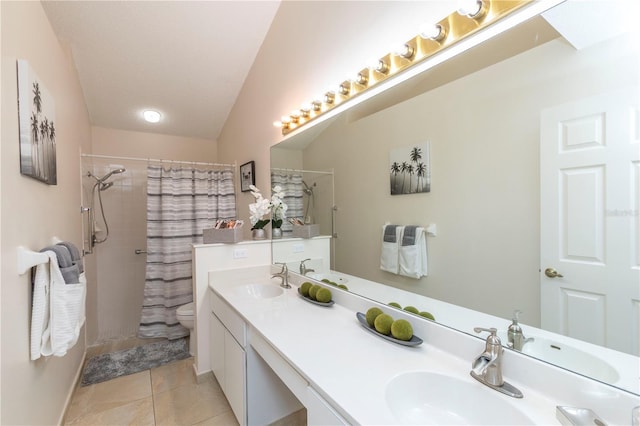 full bathroom featuring curtained shower, tile patterned flooring, toilet, a sink, and double vanity