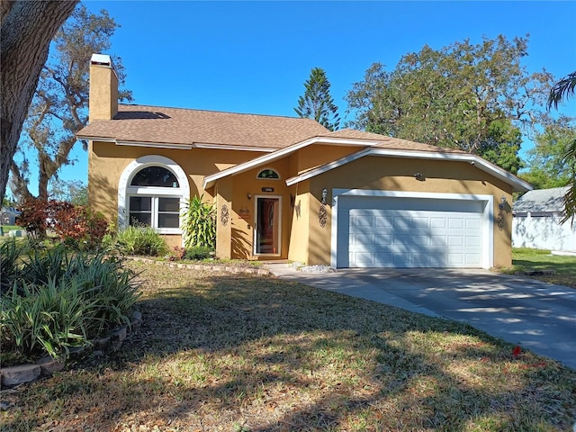 view of front of property featuring an attached garage, a front lawn, stucco siding, a chimney, and driveway