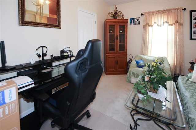 home office featuring light colored carpet