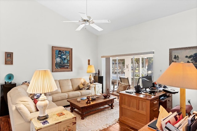 living room featuring a ceiling fan, french doors, high vaulted ceiling, and light wood finished floors