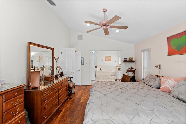 bedroom featuring a ceiling fan, visible vents, vaulted ceiling, and dark wood-type flooring