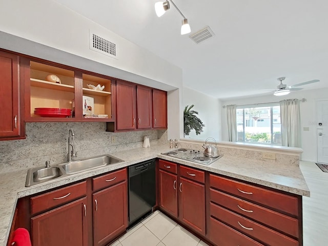 kitchen with reddish brown cabinets, black dishwasher, visible vents, a sink, and a peninsula