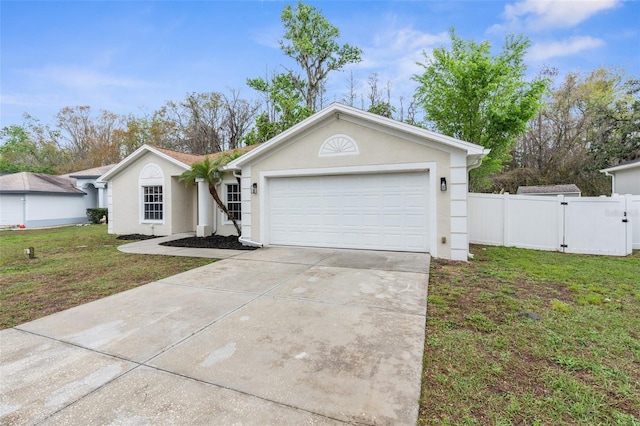ranch-style house featuring stucco siding, concrete driveway, fence, a garage, and a front lawn