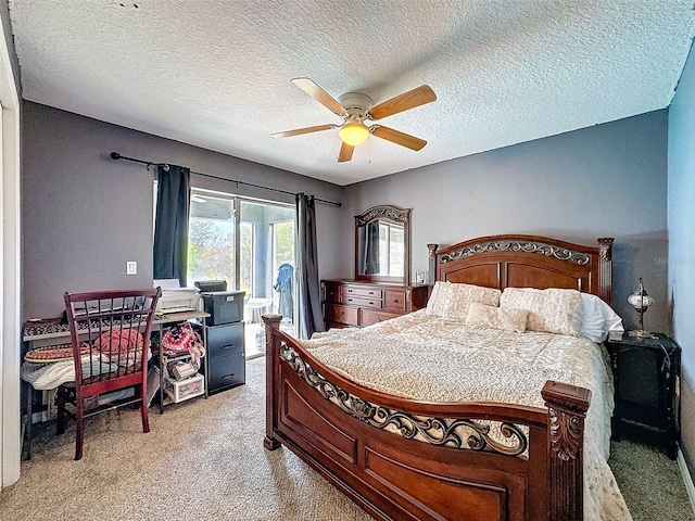 bedroom with light carpet, access to outside, a textured ceiling, and ceiling fan