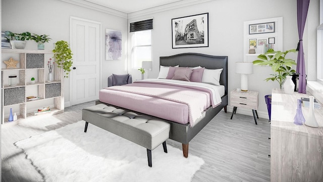 bedroom featuring a closet, crown molding, baseboards, and wood finished floors