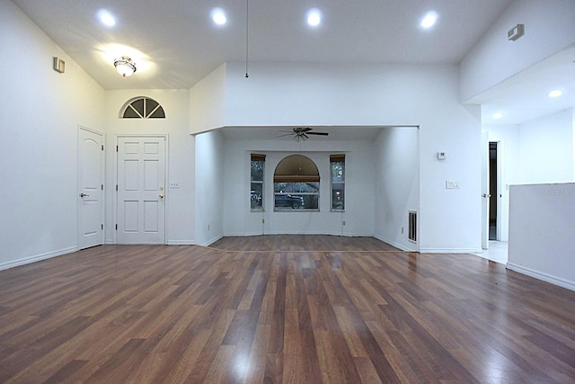 entryway with recessed lighting, visible vents, baseboards, a ceiling fan, and dark wood finished floors