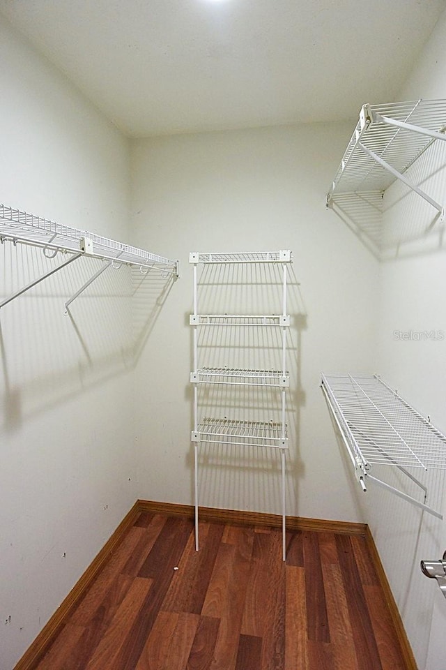 walk in closet with wood finished floors