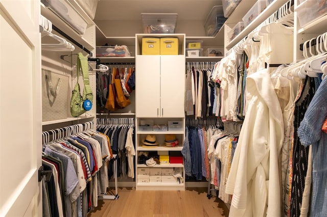 walk in closet with wood finished floors