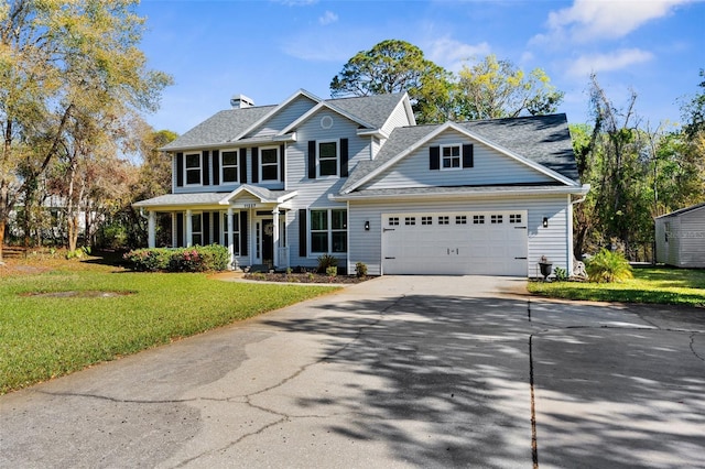 view of front of home with a garage, concrete driveway, and a front lawn