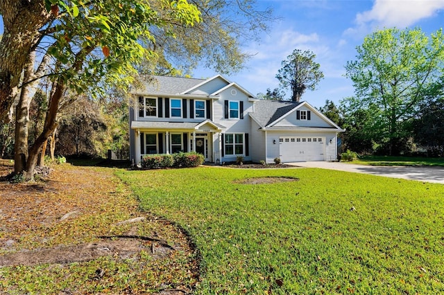 view of front of house featuring a garage, a front lawn, and driveway