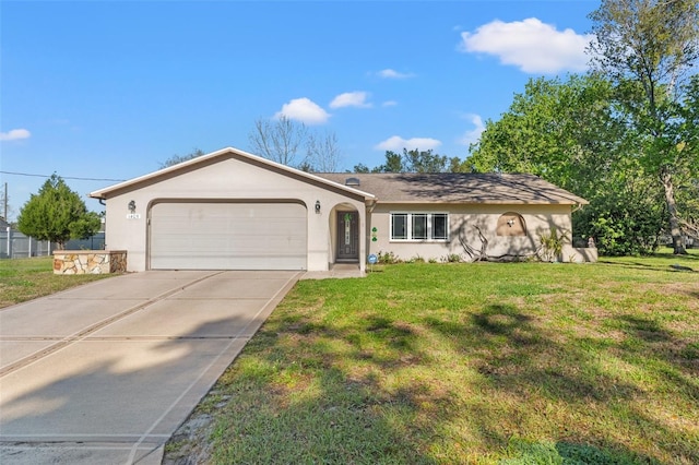 ranch-style home featuring concrete driveway, an attached garage, a front lawn, and stucco siding