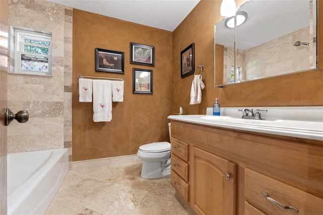 full bathroom with shower / tub combination, toilet, vanity, and baseboards