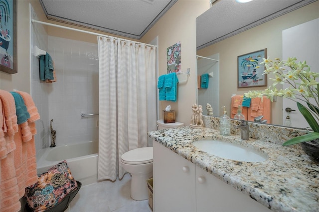 bathroom featuring vanity, shower / bathtub combination with curtain, a textured ceiling, tile patterned floors, and toilet