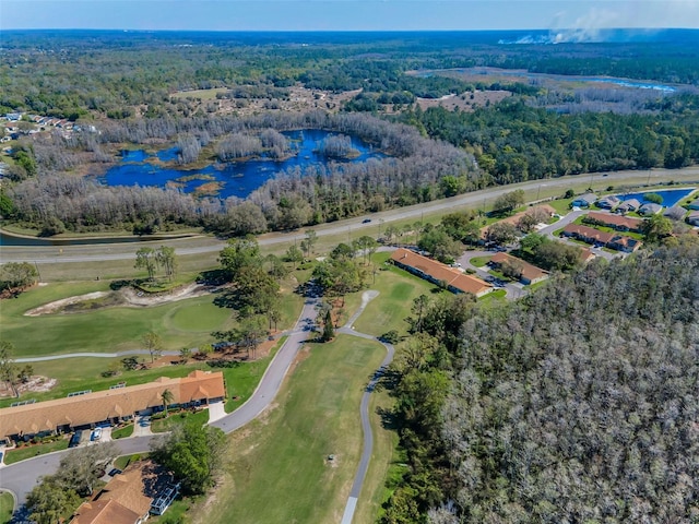 birds eye view of property featuring a water view and a wooded view