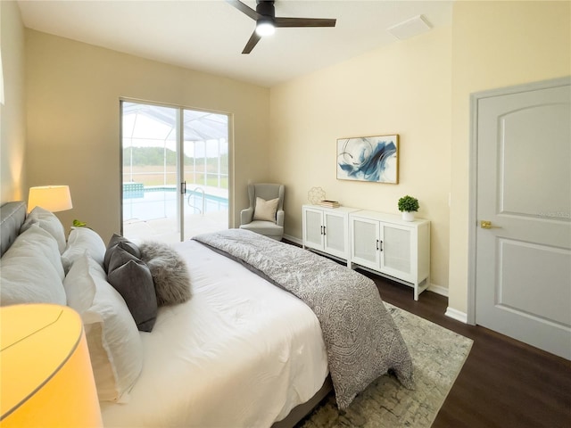 bedroom featuring baseboards, ceiling fan, dark wood finished floors, and access to exterior