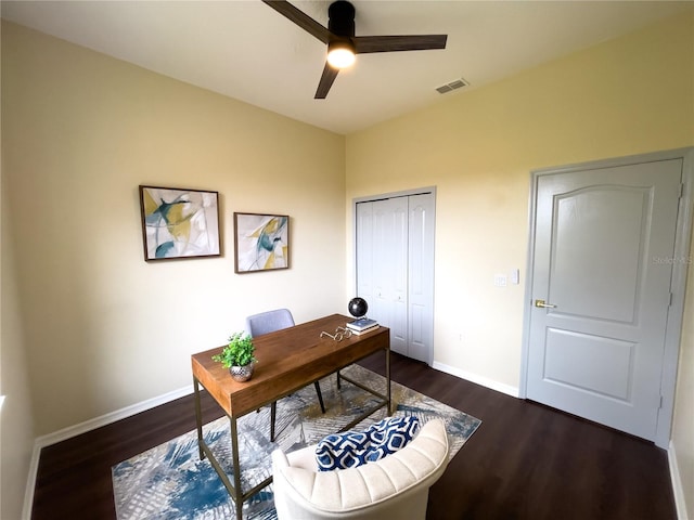 office area with baseboards, visible vents, dark wood finished floors, and a ceiling fan