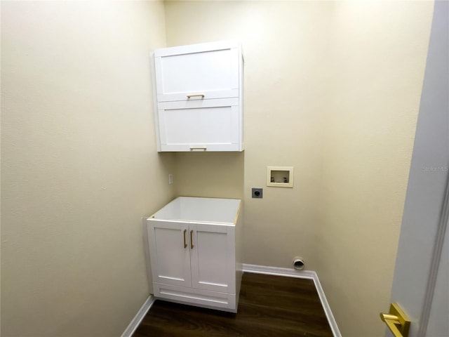 laundry room featuring hookup for a washing machine, electric dryer hookup, baseboards, and dark wood-style floors