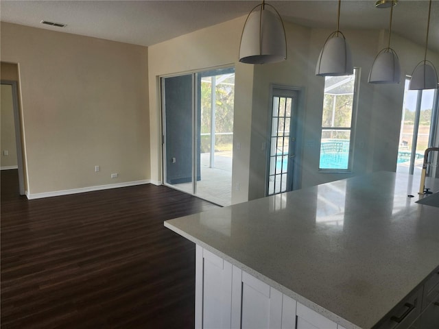 interior space featuring baseboards, dark wood-type flooring, visible vents, and a healthy amount of sunlight