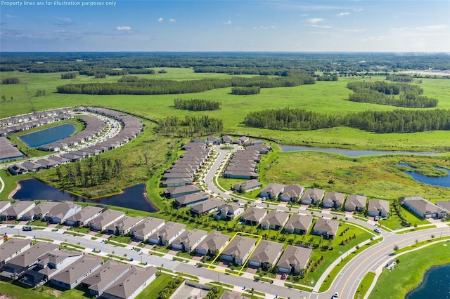 birds eye view of property with a water view and a residential view