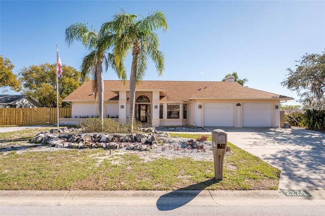 ranch-style house with concrete driveway, fence, a garage, and stucco siding