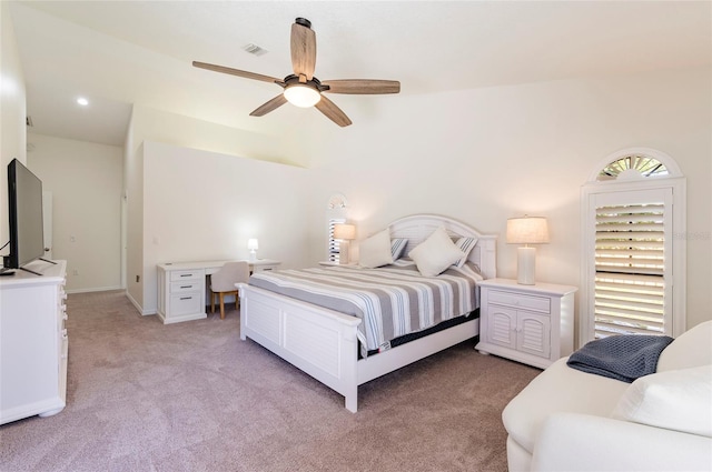 bedroom with recessed lighting, visible vents, light carpet, and a ceiling fan