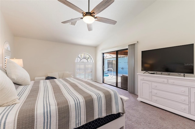 bedroom featuring visible vents, access to exterior, light colored carpet, ceiling fan, and vaulted ceiling