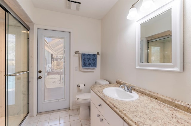 full bath featuring vanity, a shower stall, toilet, and visible vents