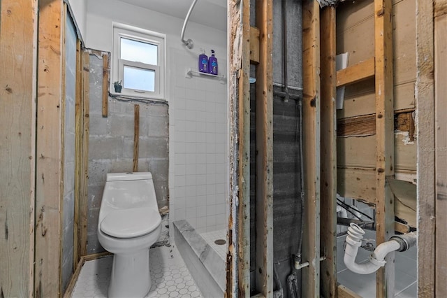 bathroom featuring a stall shower and toilet