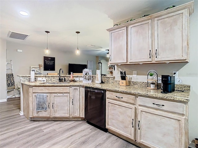 kitchen with visible vents, dishwasher, light wood-type flooring, a peninsula, and a sink