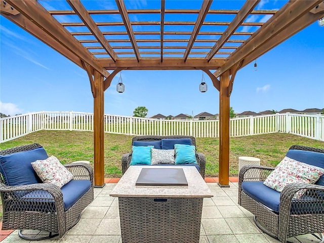 view of patio / terrace with outdoor lounge area, a fenced backyard, and a pergola