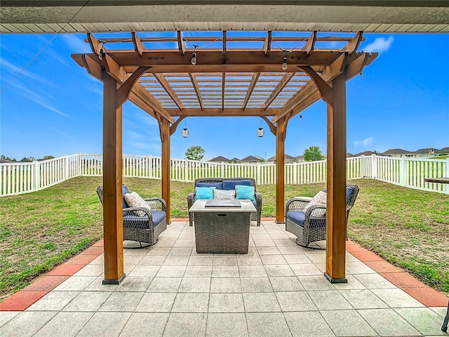 view of patio / terrace featuring a pergola, outdoor lounge area, and a fenced backyard