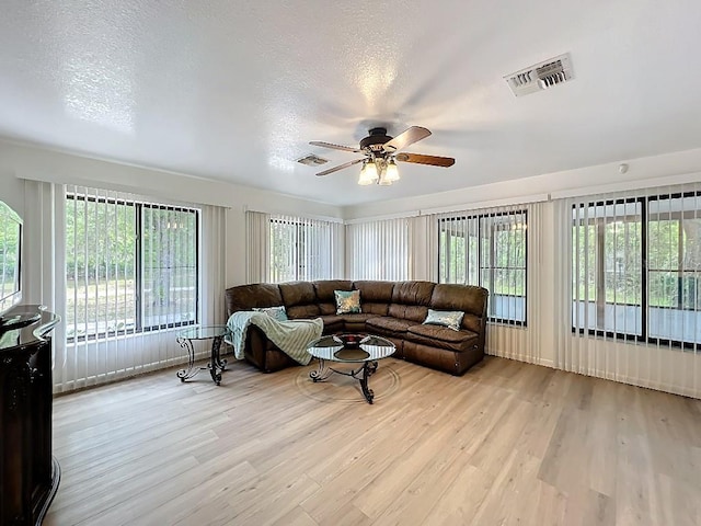 living area with plenty of natural light, visible vents, ceiling fan, and light wood-type flooring