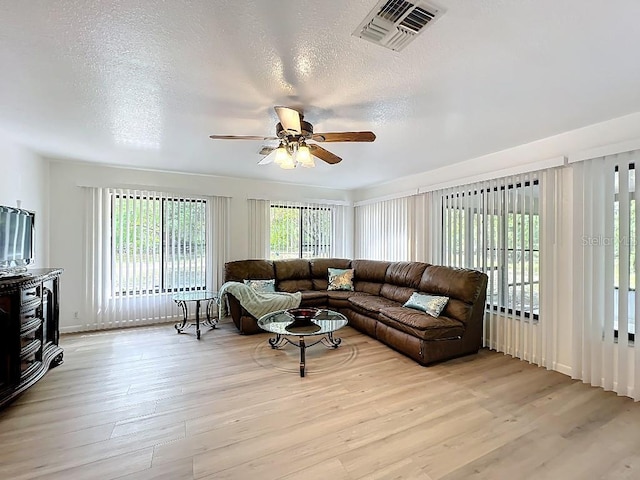 living room featuring a textured ceiling, ceiling fan, visible vents, and light wood-style floors