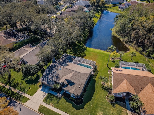 bird's eye view with a water view