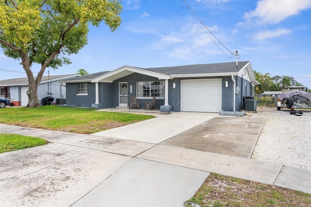 single story home with stucco siding, driveway, a front yard, a garage, and central AC unit