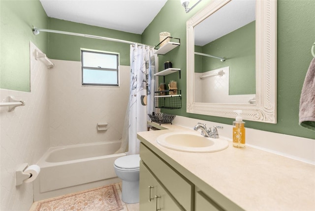 full bath featuring vanity, tile patterned floors, toilet, and shower / bathtub combination with curtain