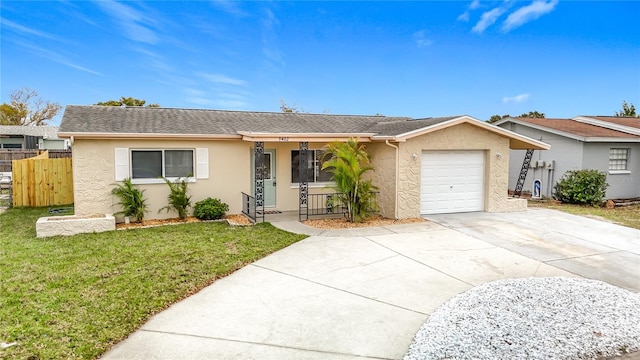 single story home featuring stucco siding, driveway, fence, covered porch, and a garage