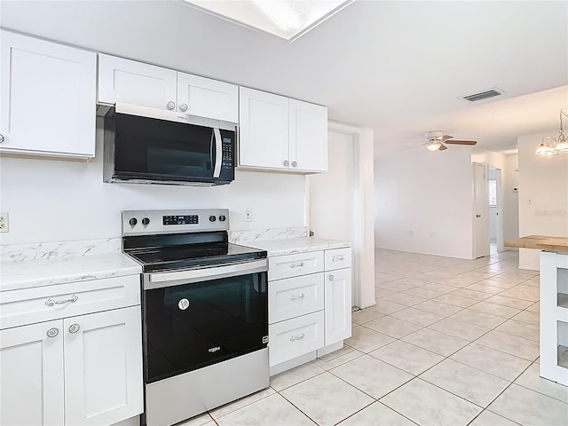 kitchen with white cabinetry, ceiling fan with notable chandelier, visible vents, and stainless steel appliances