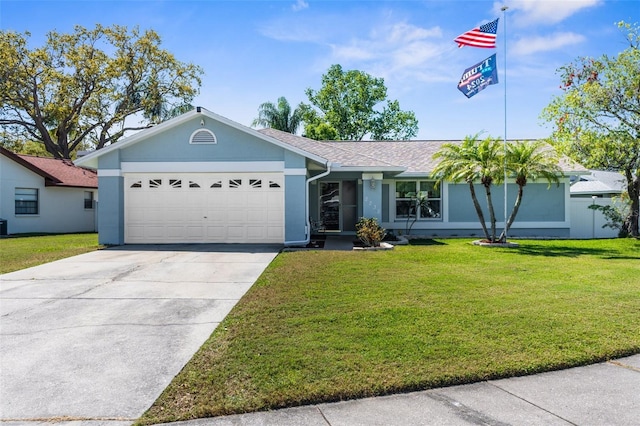 ranch-style house with stucco siding, driveway, a front lawn, an attached garage, and a shingled roof